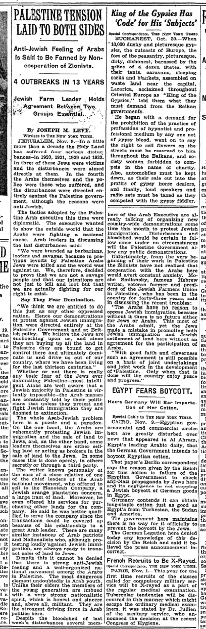 Palestine Tension Laid to Both Sides &mdash; The New York Times, 12 November 1933