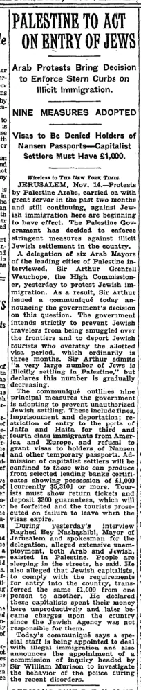 Palestine to Act on Entry of Jews &mdash; The New York Times, 15 November 1933
