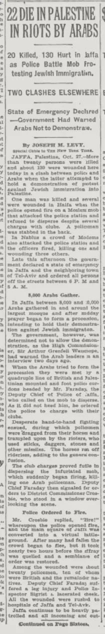 : 22 DIE IN PALESTINE IN RIOTS BY ARABS &mdash; The New York Times, 28 October 1933