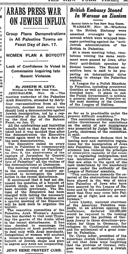 Arabs Press War on Jewish Influx — The New York Times, 20 November 1933