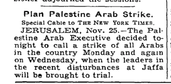 Plan Palestine Arab Strike &mdash; The New York Times, 26 November 1933