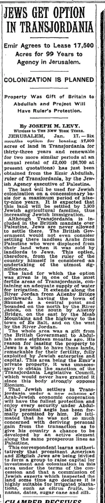 Jews Get Option in Transjordania &mdash; The New York Times, 18 January 1933