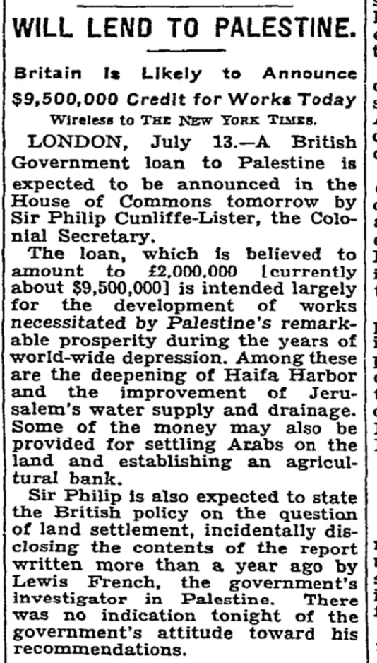 Britain Is Likely to Announce Credit for Works — The New York Times, 14 July 1933