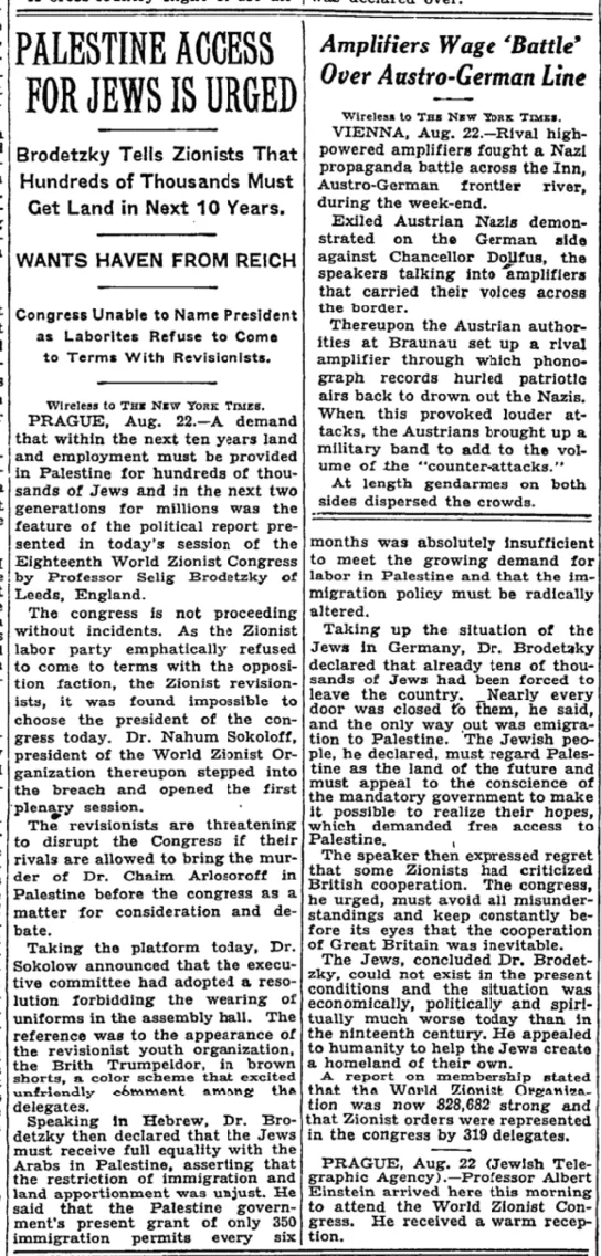 Palestine Access for Jews Is Urged &mdash; The New York Times, 23 August 1933