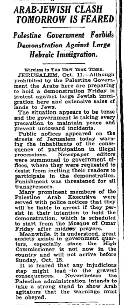 Arab-Jewish Clash Tomorrow Is Feared &mdash; The New York Times, 12 October 1933