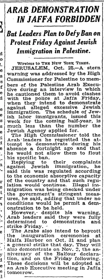 Arab Demonstration in Jaffa Forbidden &mdash; The New York Times, 26 October 1933