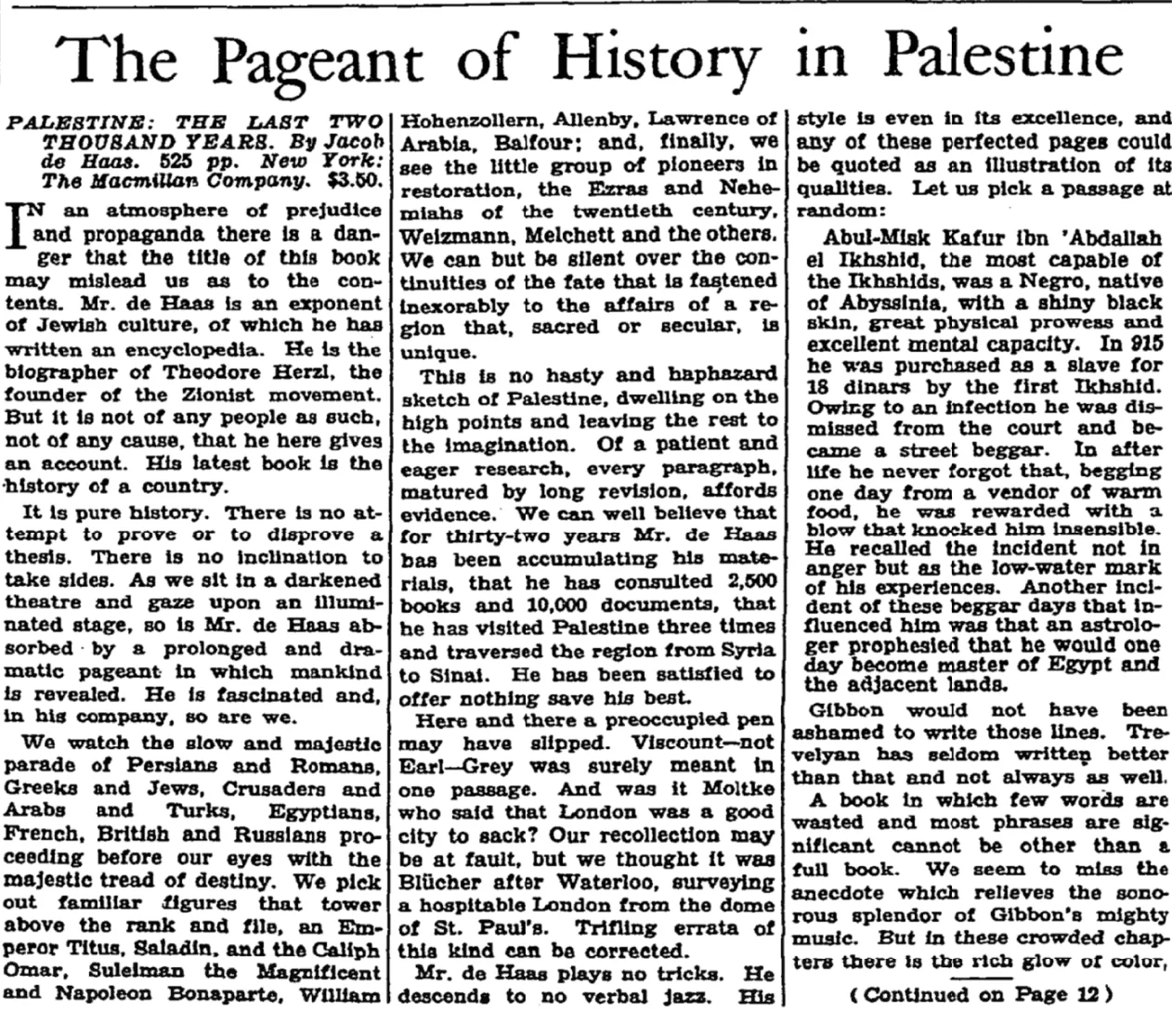 Palestine: The Last Two Thousand Years &mdash; The New York Times, 19 August 1934
