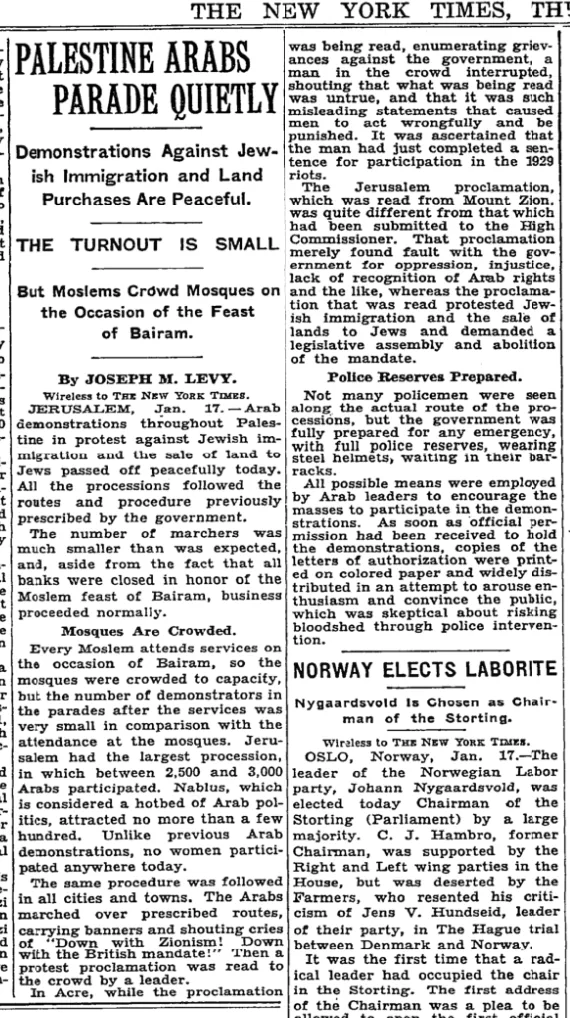 Palestine Arabs Enumerate Grievances &mdash; The New York Times, 18 January 1934