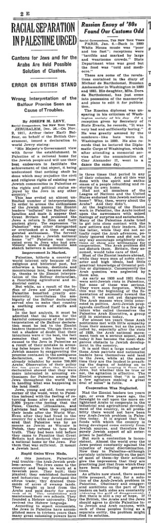 Racial Separation in Palestine Urged &mdash; The New York Times, 21 January 1934