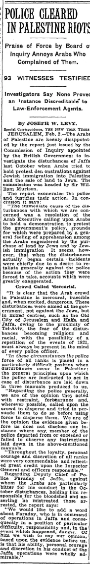 Police Cleared in Palestine Riots &mdash; The New York Times, 18 February 1934