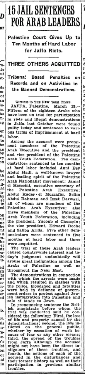15 Jail Sentences for Arab Leaders &mdash; The New York Times, 20 March 1934