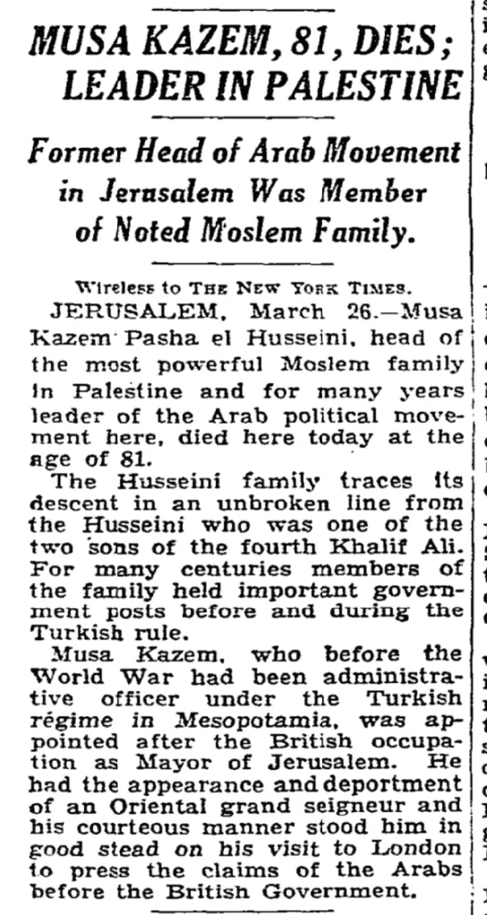 Leader in Palestine Dies &mdash; The New York Times, 27 March 1934