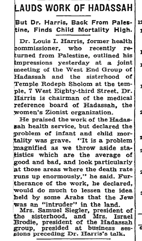Lauds Work of Hadassah &mdash; The New York Times, 17 April 1934