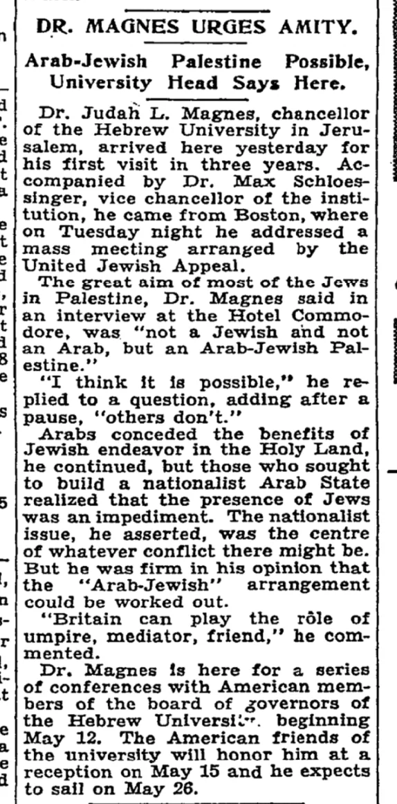 Dr. Magnes Urges Amity &mdash; The New York Times, 3 May 1934