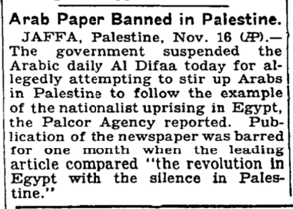 Arab Paper Banned in Palestine &mdash; New York Times, 17 November 1935