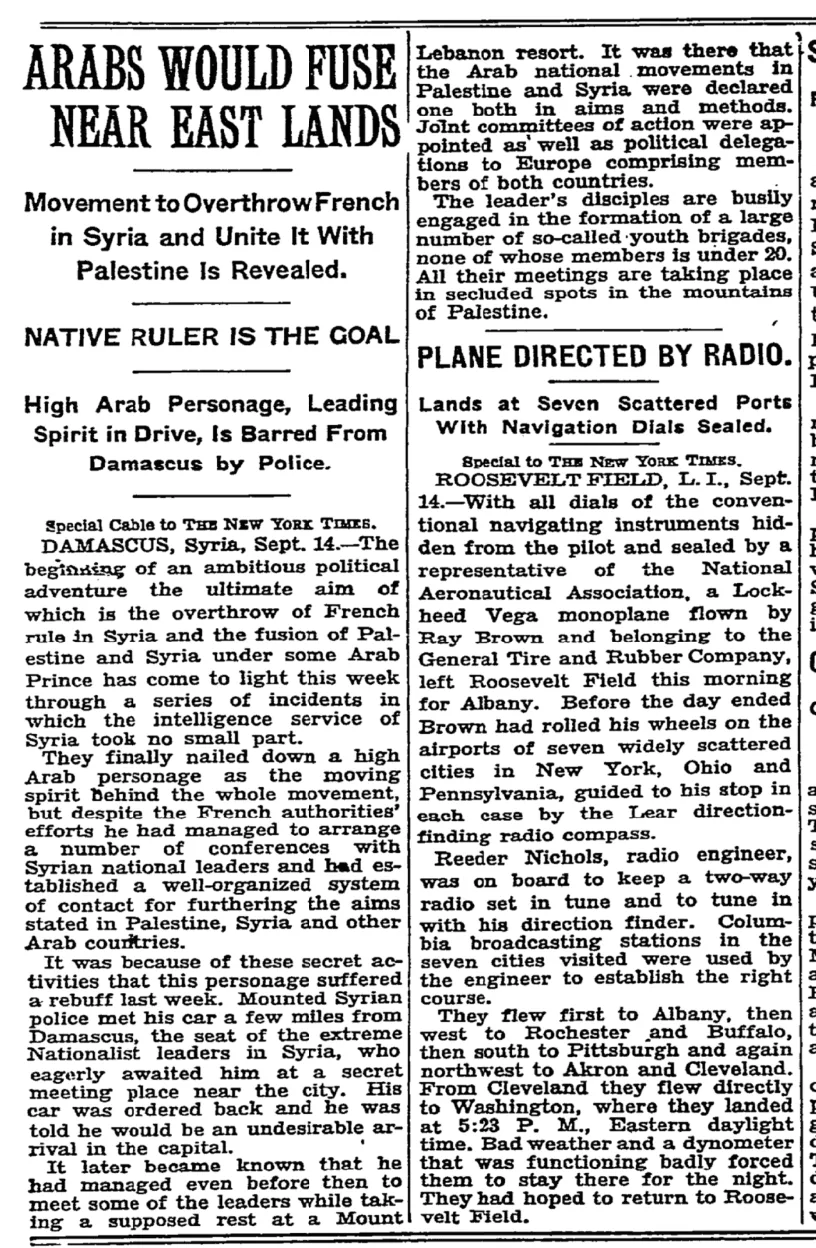 Arabs Would Fuse the National Movements — The New York Times, 15 September 1935