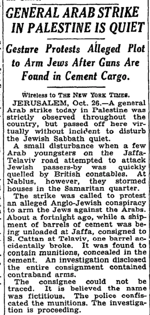 General Arab Strike in Palestine Is Quiet &mdash; The New York Times, 27 October 1935