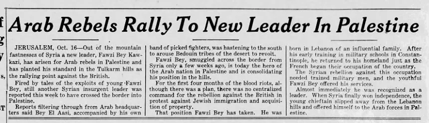 Arab Rebels Rally To New Leader In Palestine &mdash; Chicago Defender, 17 October 1936