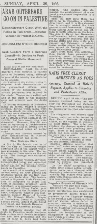 ARAB OUTBREAKS GO ON IN PALESTINE 2o sen End December. &mdash; The New York Times, 26 April 1936