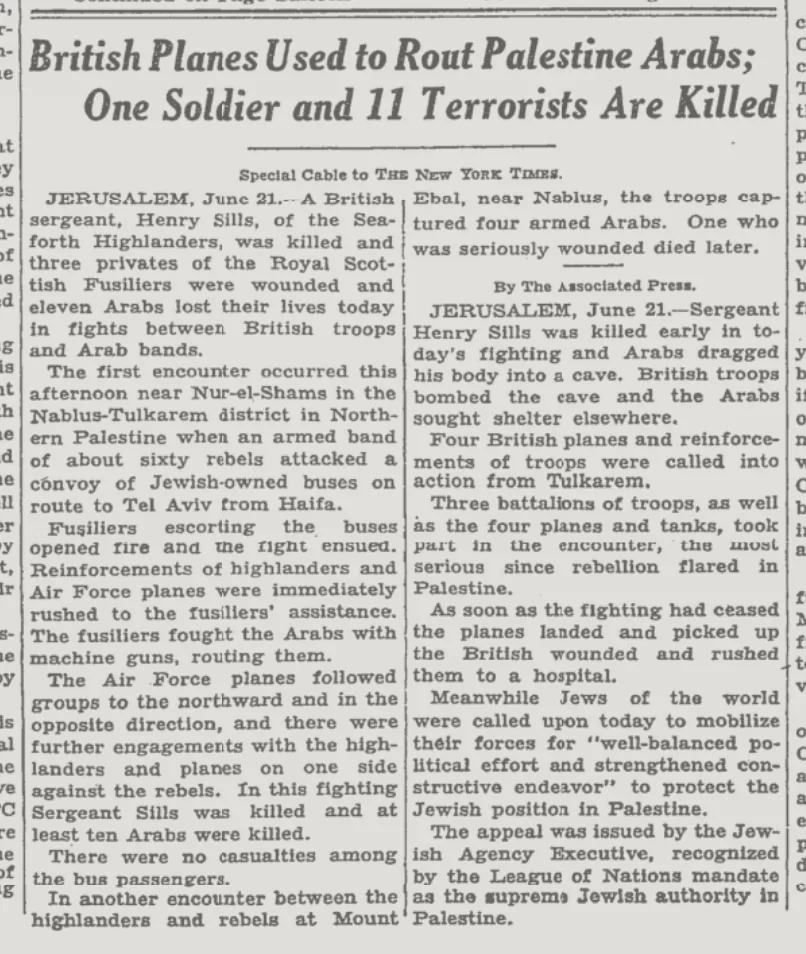 British Planes Used to Rout Palestine Arabs; One Soldier and 11 Terrorists Are Killed &mdash; The New York Times, 22 June 1936