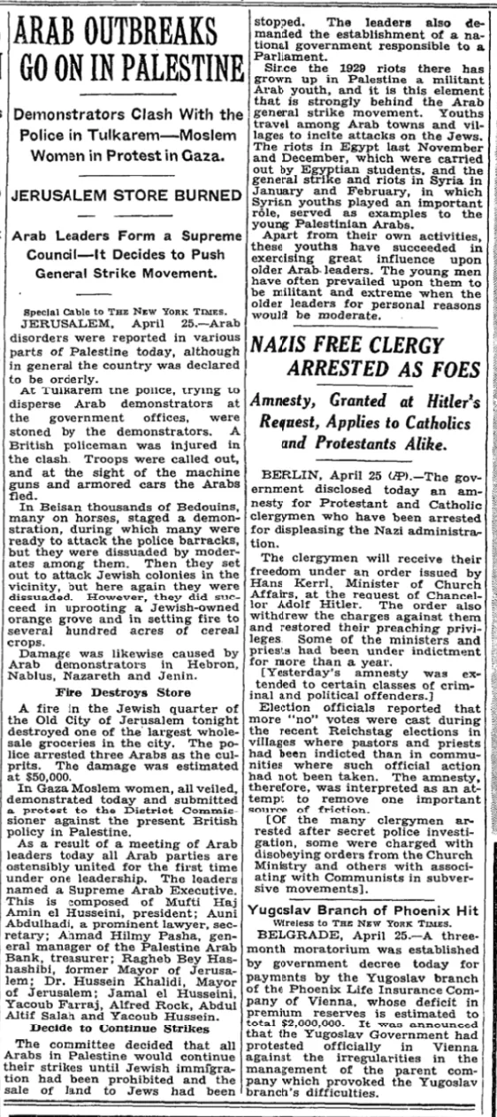 ARAB OUTBREAKS GO ON IN PALESTINE &mdash; New York Times, 26 April 1936