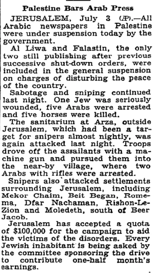 Palestine Bars Arab Press &mdash; New York Times, 4 July 1936