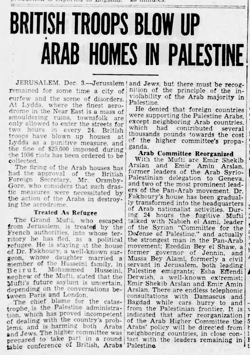 British Troops Blow Up Arab Homes in Palestine &mdash; Chicago Defender, 4 December 1937