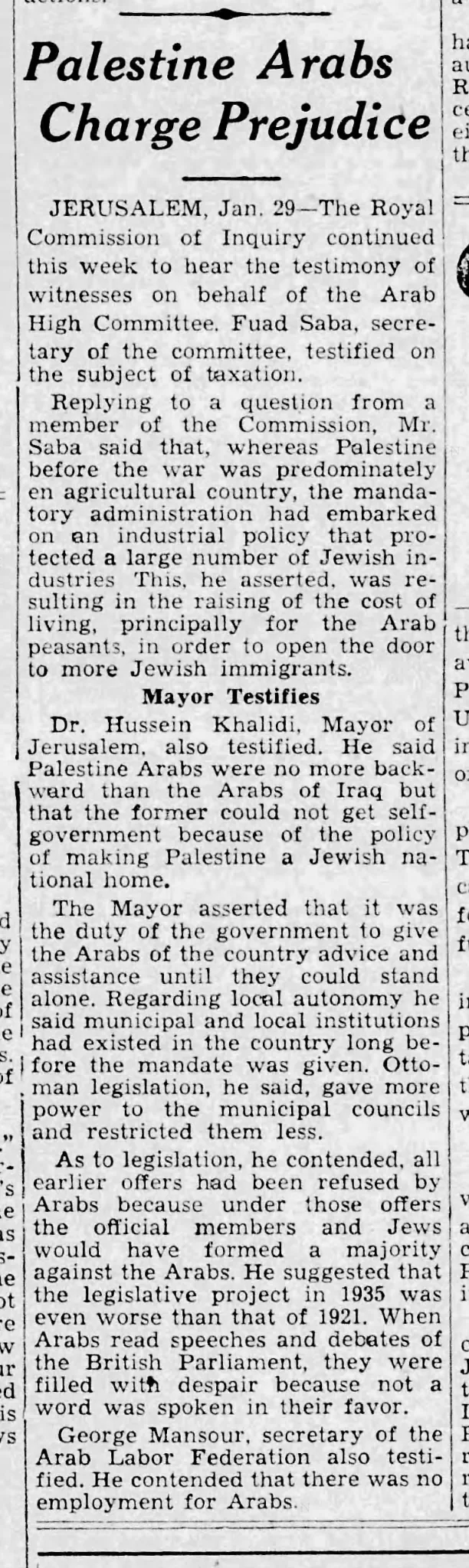 Palestine Arabs Charge Prejudice &mdash; Chicago Defender, 30 January 1937