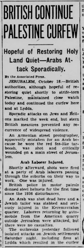 BRITISH CONTINUE PALESTINE CURFEW — Omaha World-Herald, 20 October 1937