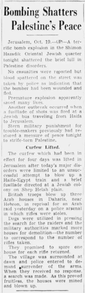 Bombing Shatters Palestine's Peace — Indianapolis Star, 20 October 1937