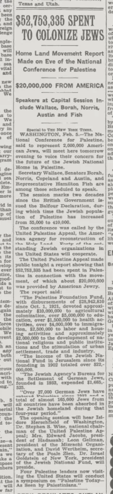 $52,753,335 SPENT TO COLONIZE JEWS &mdash; The New York Times, 6 February 1937