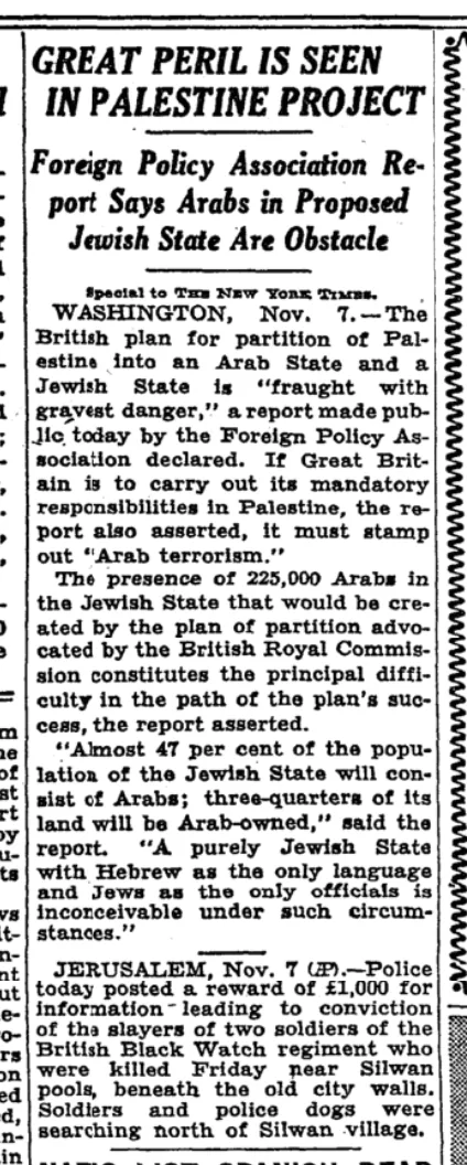 Great Peril Is Seen in Palestine Project &mdash; The New York Times, 8 November 1937