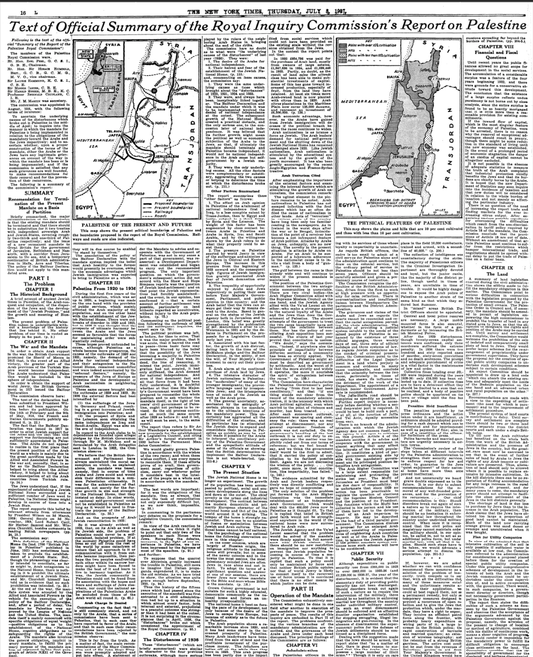 Text of Official Summary of the Royal Inquiry Commission’s Report on Palestine &mdash; New York Times, 8 July 1937