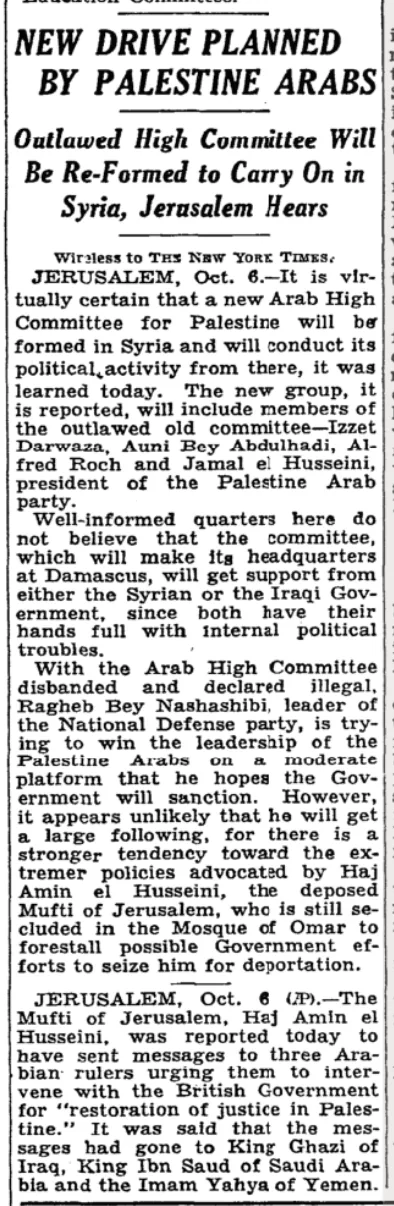 New Drive Planned by Palestine Arabs &mdash; The New York Times, 7 October 1937
