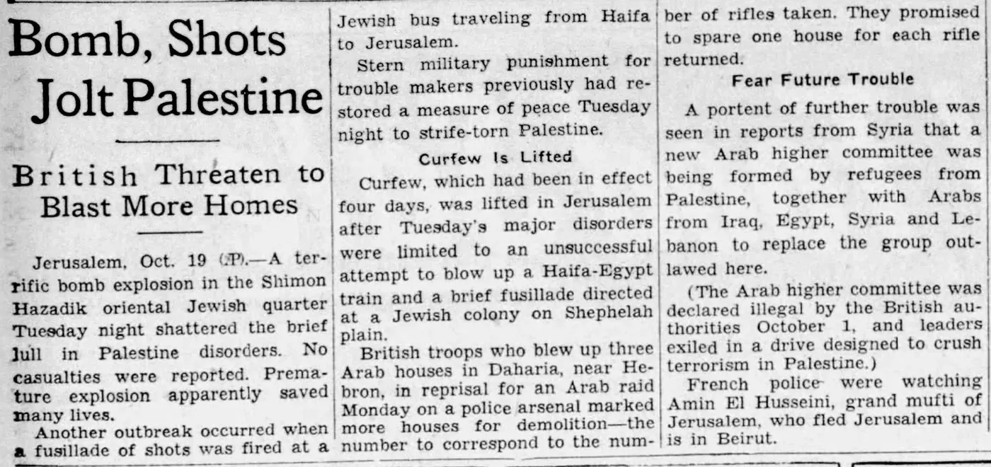Bomb, Shots Jolt Palestine — Omaha World-Herald, 20 October 1937