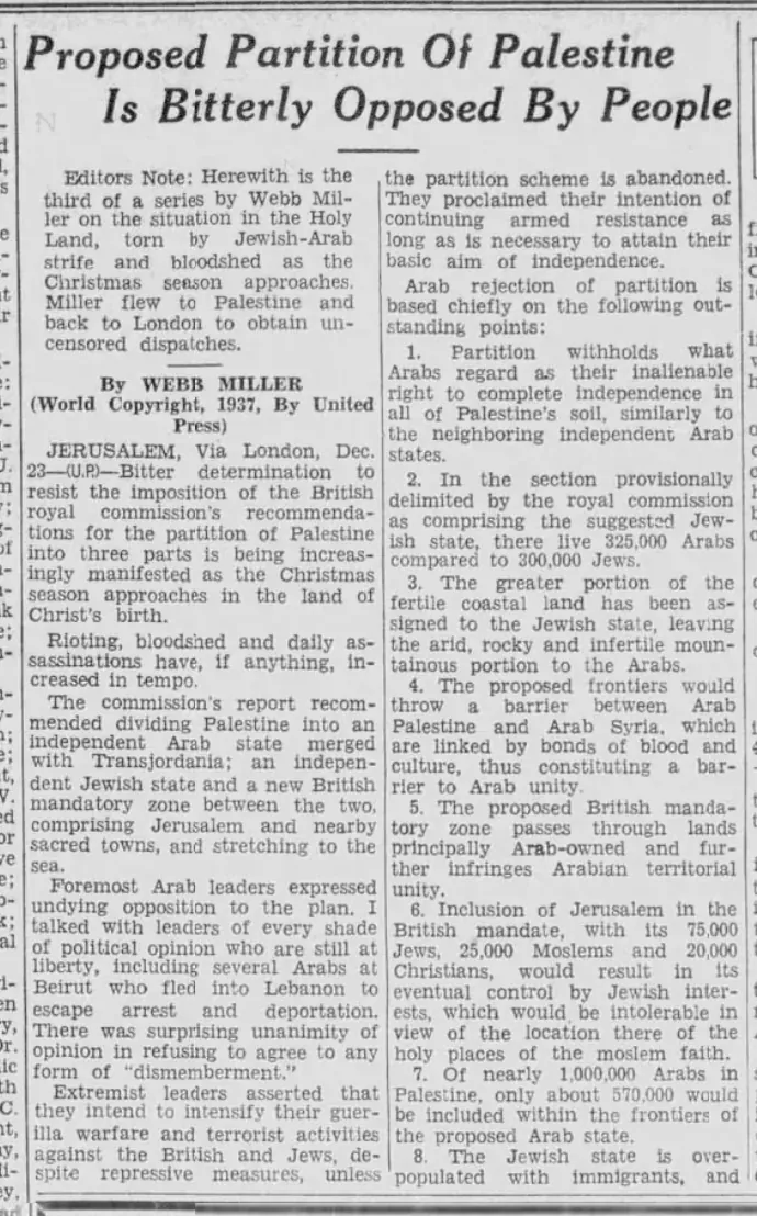 Proposed Partition Of Palestine Is Bitterly Opposed By People — Paducah Sun, 23 December 1937
