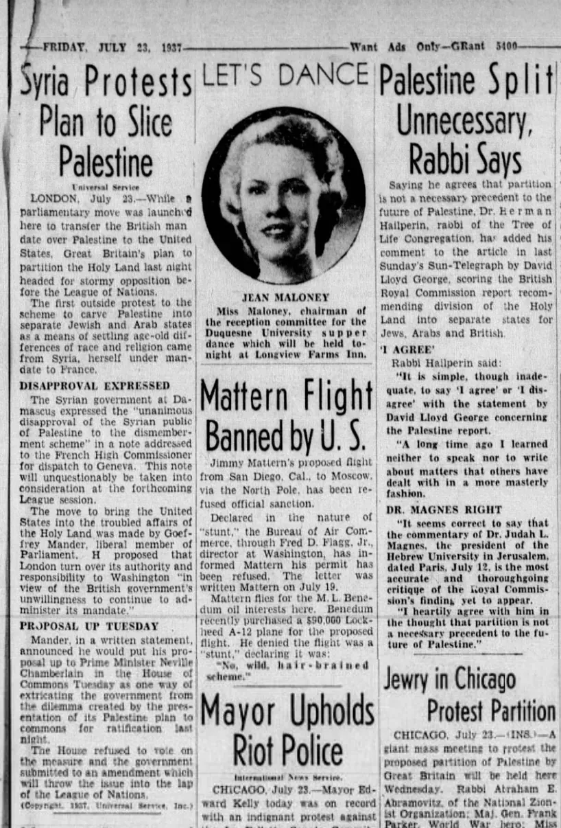 Syria Protests Plan to Slice Palestine — Pittsburgh Sun-Telegraph, 23 July 1937
