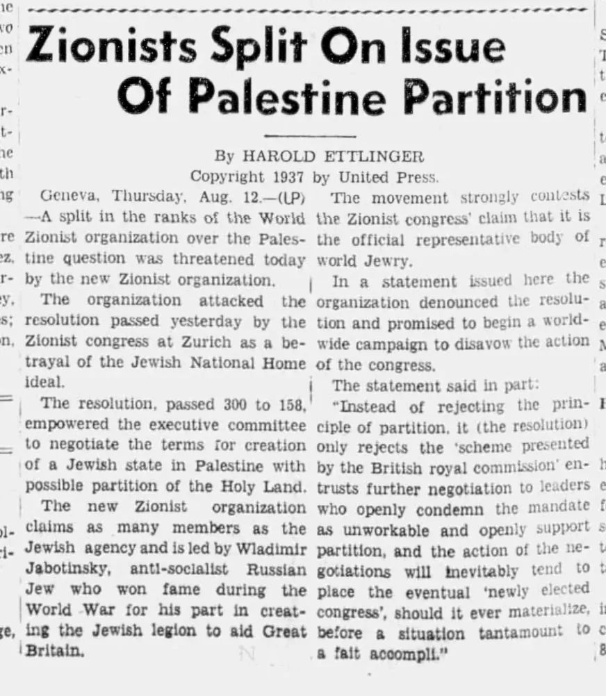 Zionists Split On Issue Of Palestine Partition — Indianapolis Star, 20 October 1937