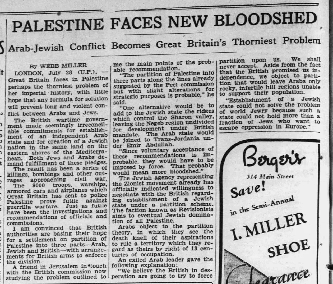 PALESTINE FACES NEW BLOODSHED — The Buffalo News, 29 July 1938