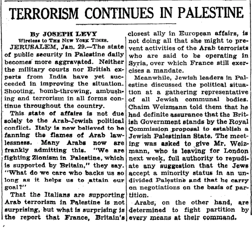 Terrorism Continues in Palestine &mdash; The New York Times, 30 January 1938