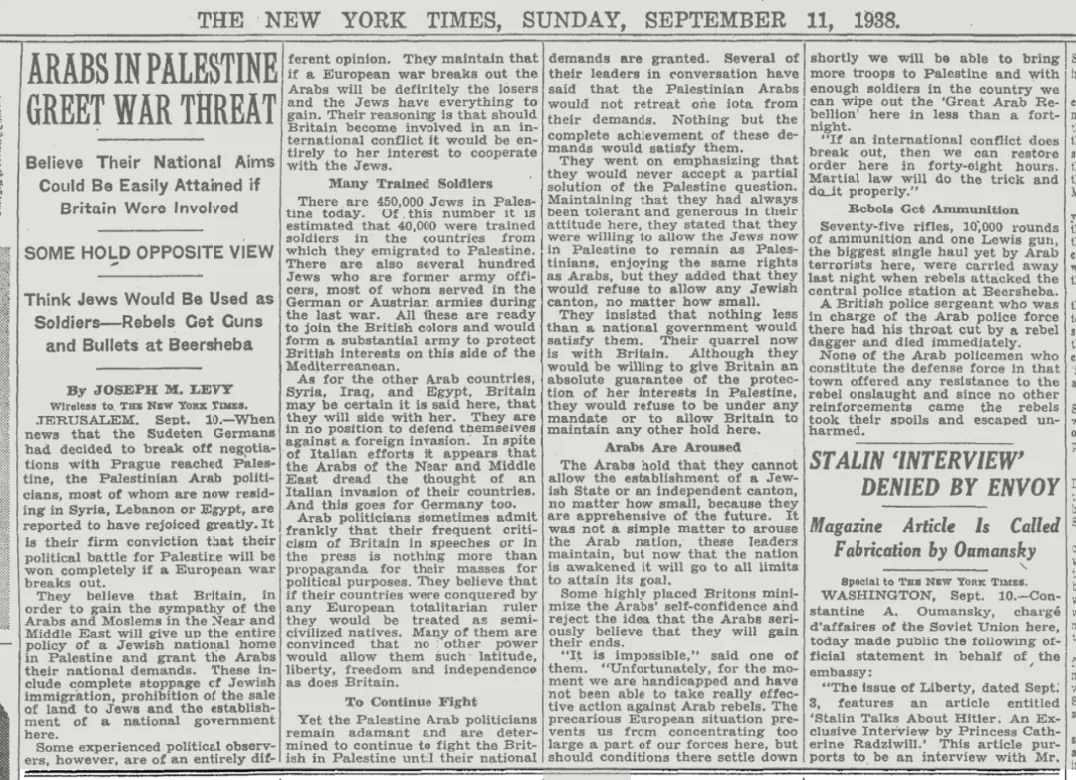ARABS IN PALESTINE GREET WAR THREAT &mdash; New York Times, 11 September 1938