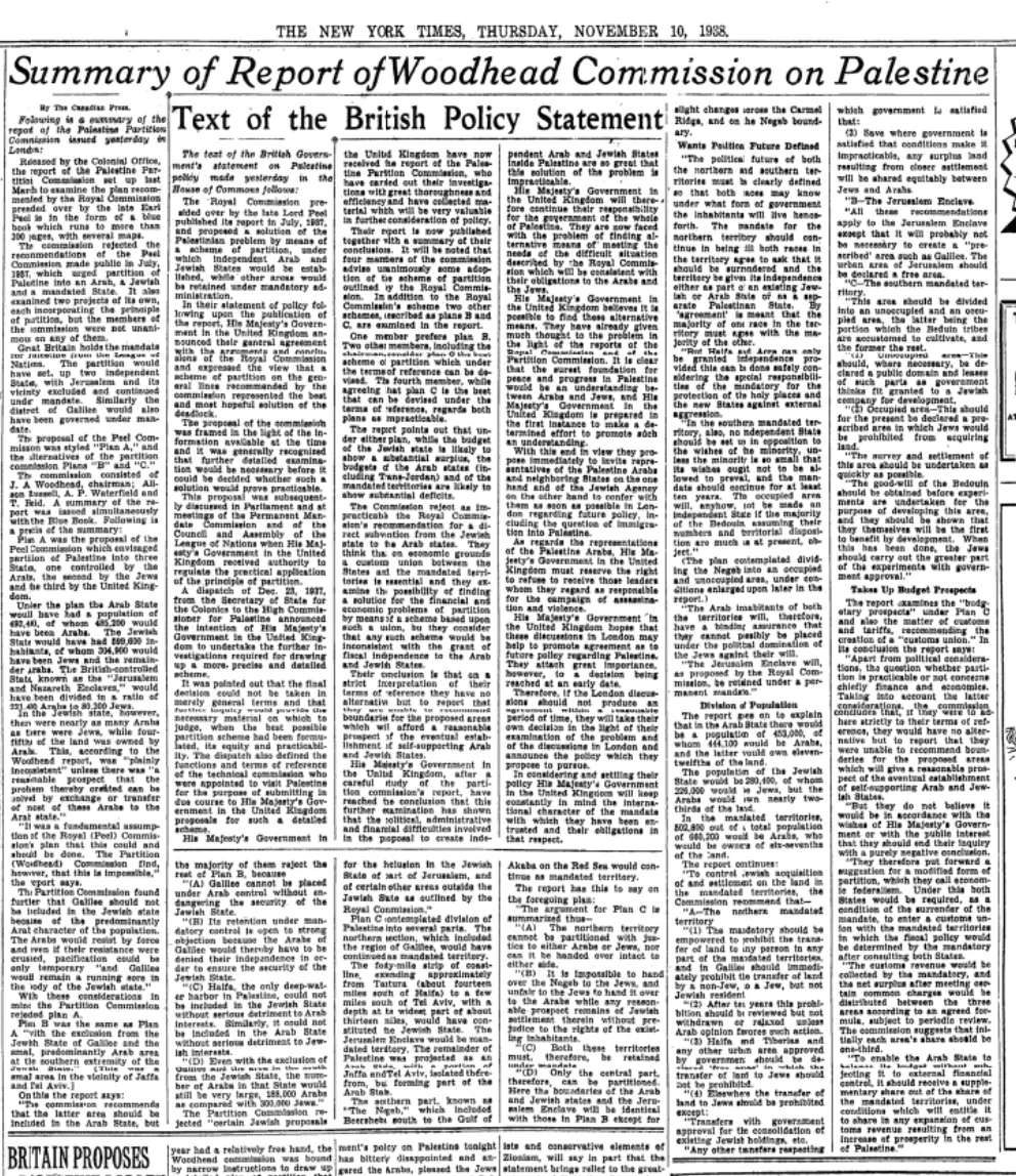 Summary of Report of Woodhead Commission on Palestine &mdash; New York Times, 10 November 1938