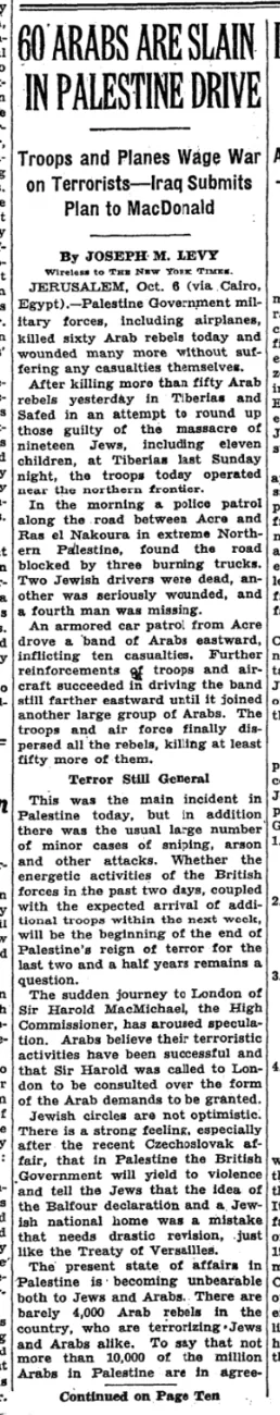 60 Arabs Are Slain in Palestine Drive — The New York Times, 7 October 1938