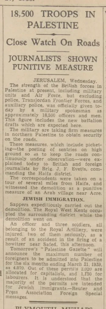 18,500 TROOPS IN PALESTINE — Western Morning News, 27 October 1938