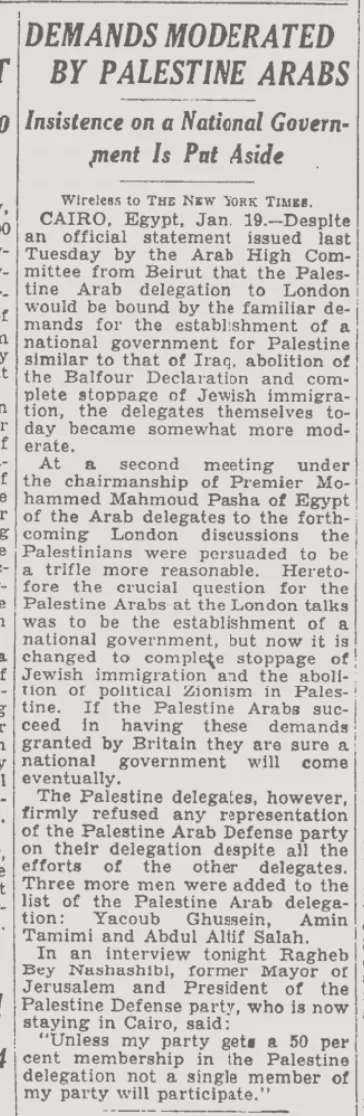 Demands Moderated by Palestine Arabs &mdash; The New York Times, 20 January 1939