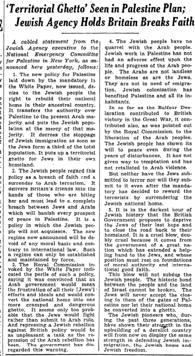 'Territorial Ghetto' Seen in Palestine Plan &mdash; The New York Times, 18 May 1939