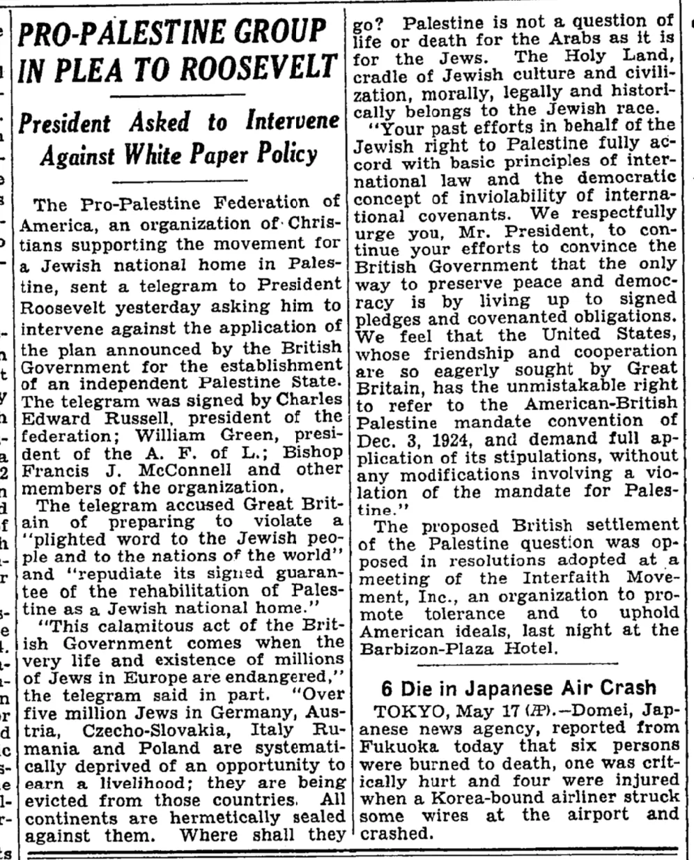 Pro-Palestine Group &mdash; The New York Times, 18 May 1939