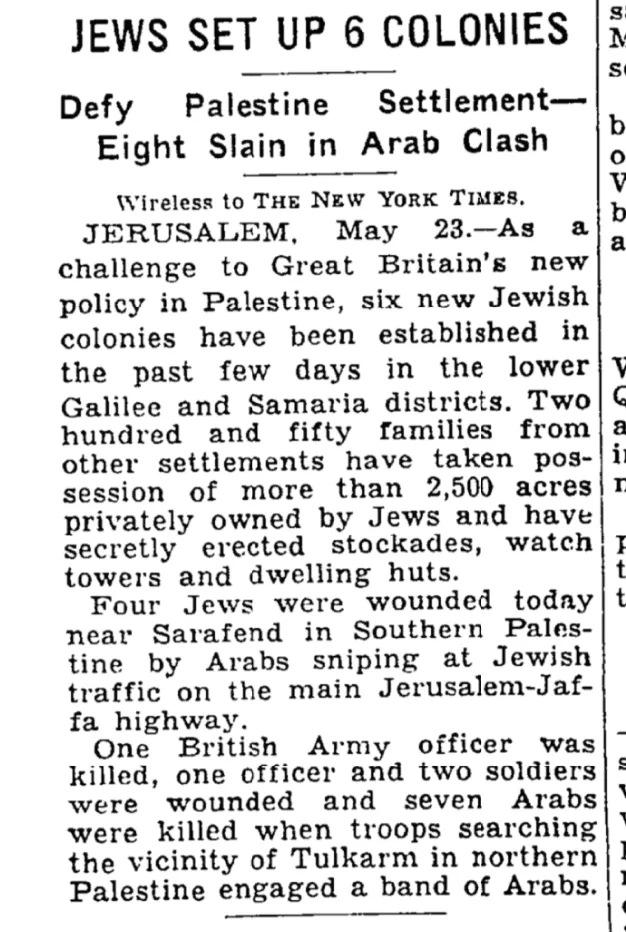 Jews Set Up 6 Colonies &mdash; The New York Times, 24 May 1939