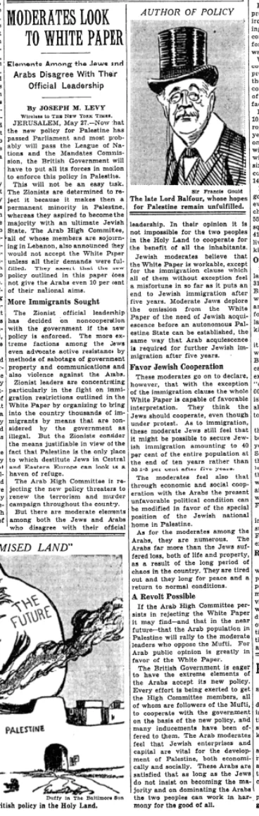 Moderates Look to White Paper &mdash; The New York Times, 28 May 1939