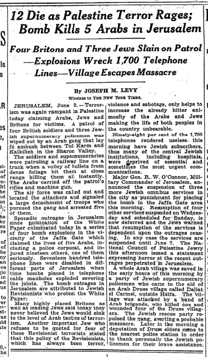 12 Die as Palestine Terror Rages &mdash; The New York Times, 3 June 1939